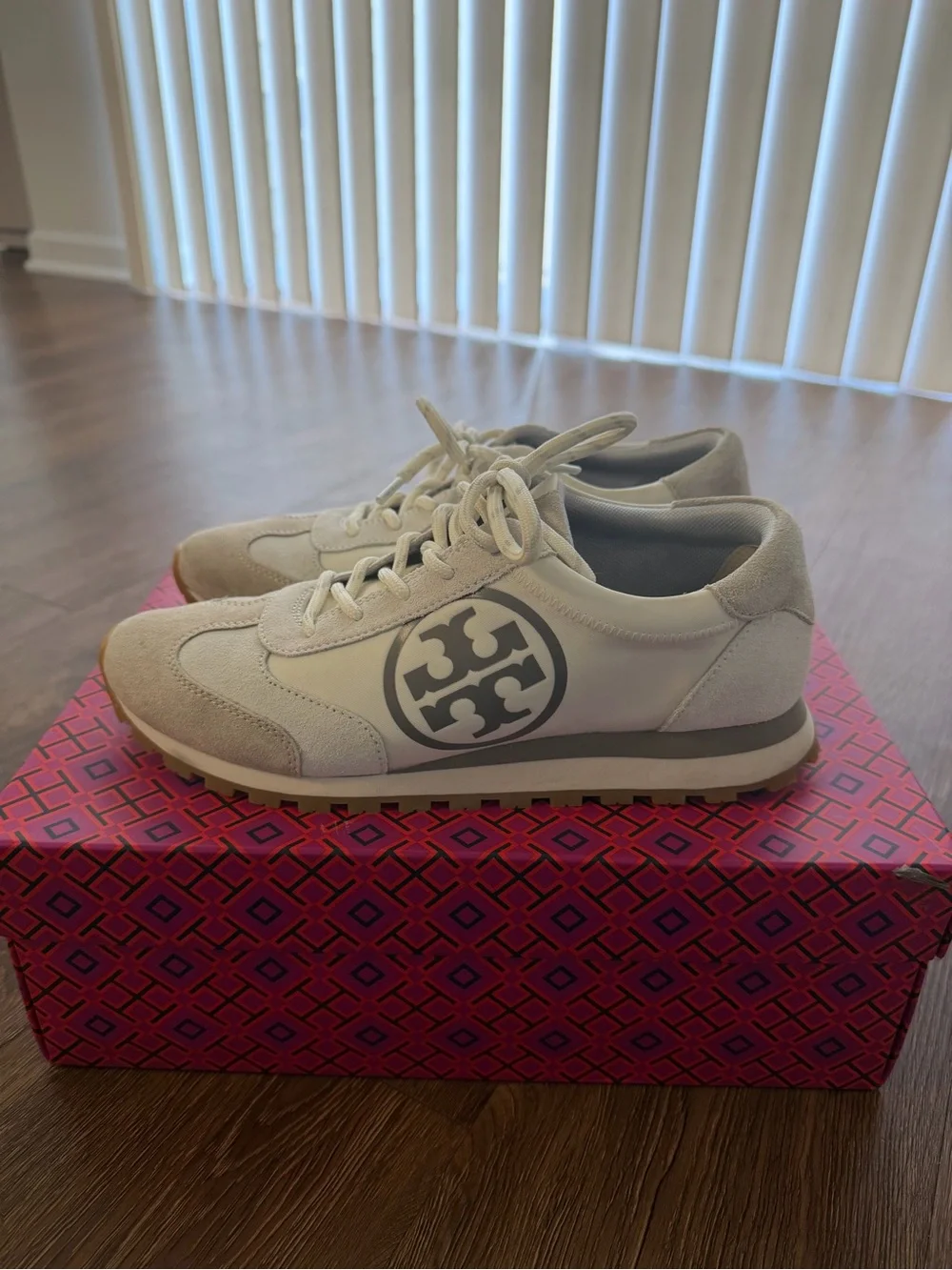 Tory Burch Light Taupe and Cream Logo Sneakers